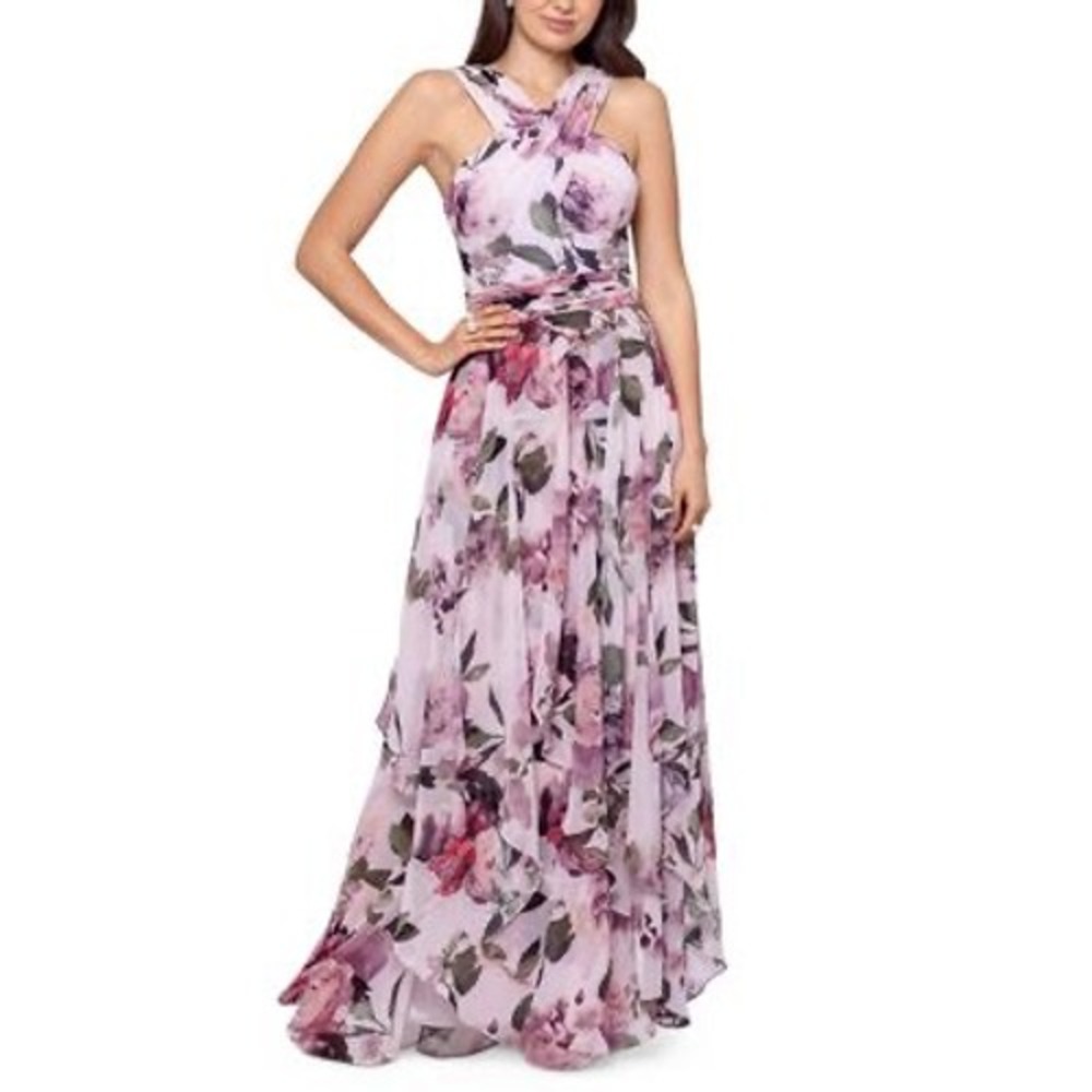 Xscape Floral Gown Womens 12 Halter Chiffon Maxi Pink Purple New